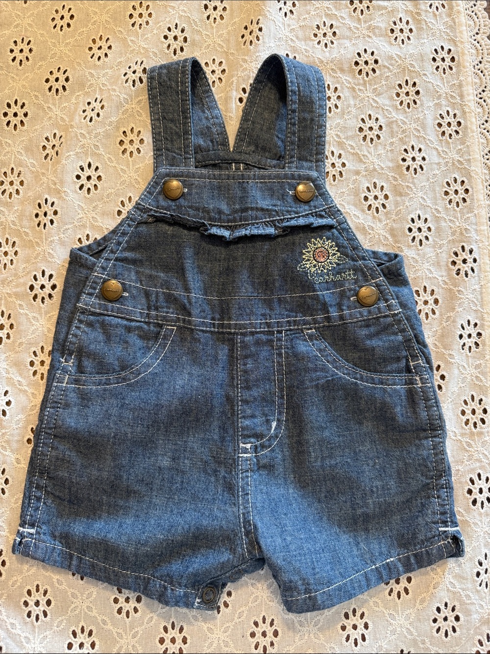 Carhartt Denim Blue Girls' Short Overalls - Floral Embroidery sunflower